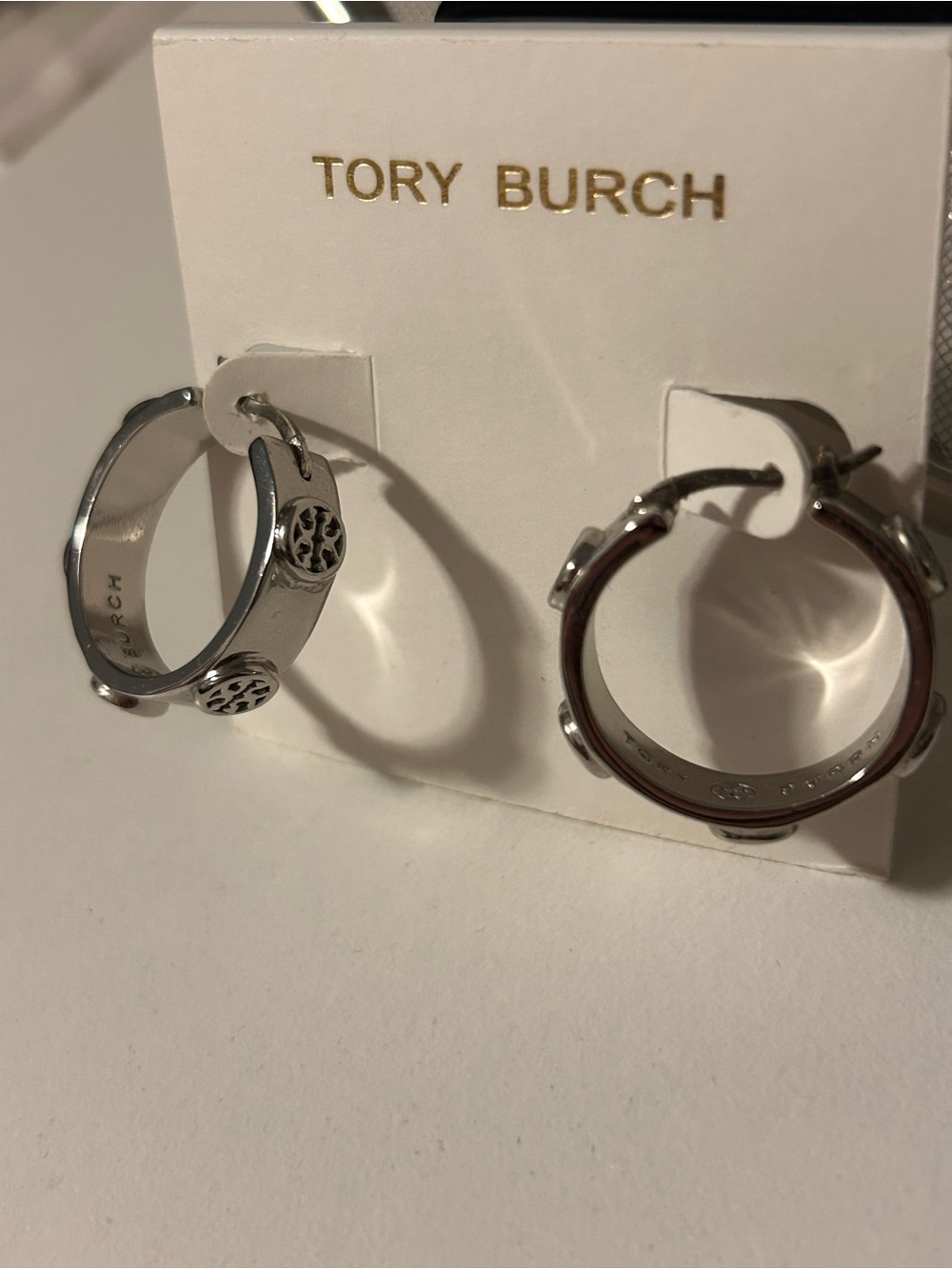 Tory Burch Miller Logo Silver Hoop Earrings Studded Medallion Huggie Hoops